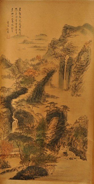 ATTRIBUTED TO QIU YING (MING DYNASTY): ATTRIBUTED TO QIU YING (MING DYNASTY) WATER COLOR ON PAPER 49''X 25 1/2'' SIGNED ONE SEAL.