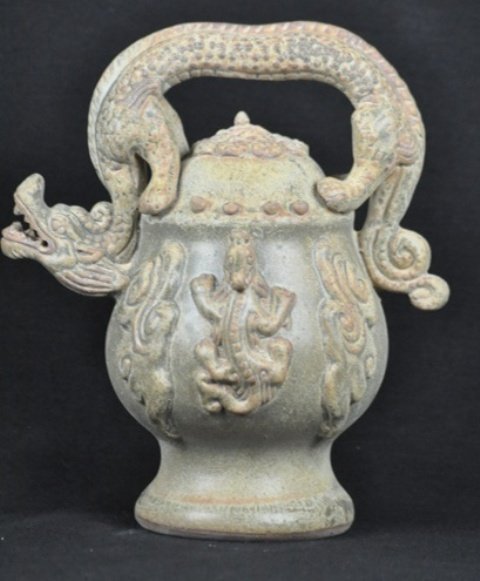 A YAOZHOU CELADON DRAGON EWR.( TANG DYNASTY): A yao zhou celadon dragon ewer(tang dynasty) 8 1/2''