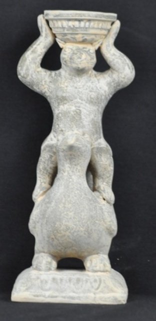 A YAO ZHOU CELADON OIL LAMP.(LIAO DYNASTY): A yao zhou celadon oil lamp.(liao dynasty)10 3/4''H