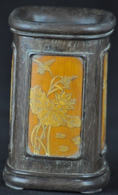 A BAMBOO CARVED BRUSHPOT.(SIGNED BY WANG ZHI YONG): A bamboo carved brushpot.(Signed By Wang Zhi Yong) 4 3/4''in Tall