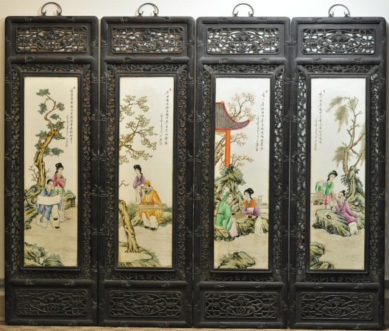 FOUR FAMILLE-ROSE HANGING PLAQUES.(LATE 19 CENTURY: Four famille-rose hanging plaques signed WANG DA FAN (late 19 century) 47 1/2''