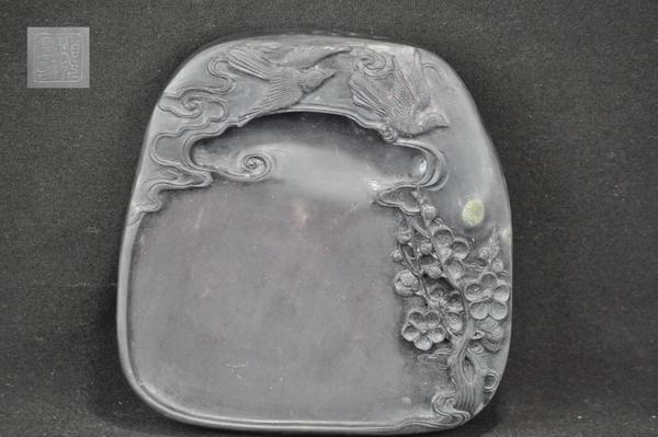 A DUAN STONE INK STONE.(MARK AND PERIOD OF DAO GUAN: The top of the ink carved two birds on a plum tree and a poem on its back and dao guang's seal. 1'' Hx 5''x5''