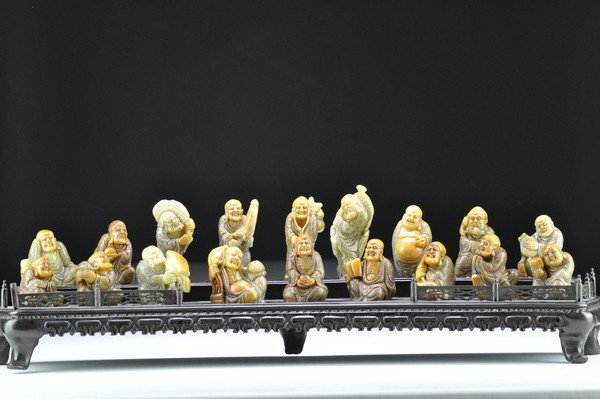 A SET OF EIGHTEEN SOAPSTONE LUOHANS.(QING DYNASTY): A set of eighteen luohan.tallest 3 3/4'' H smallest 2''H