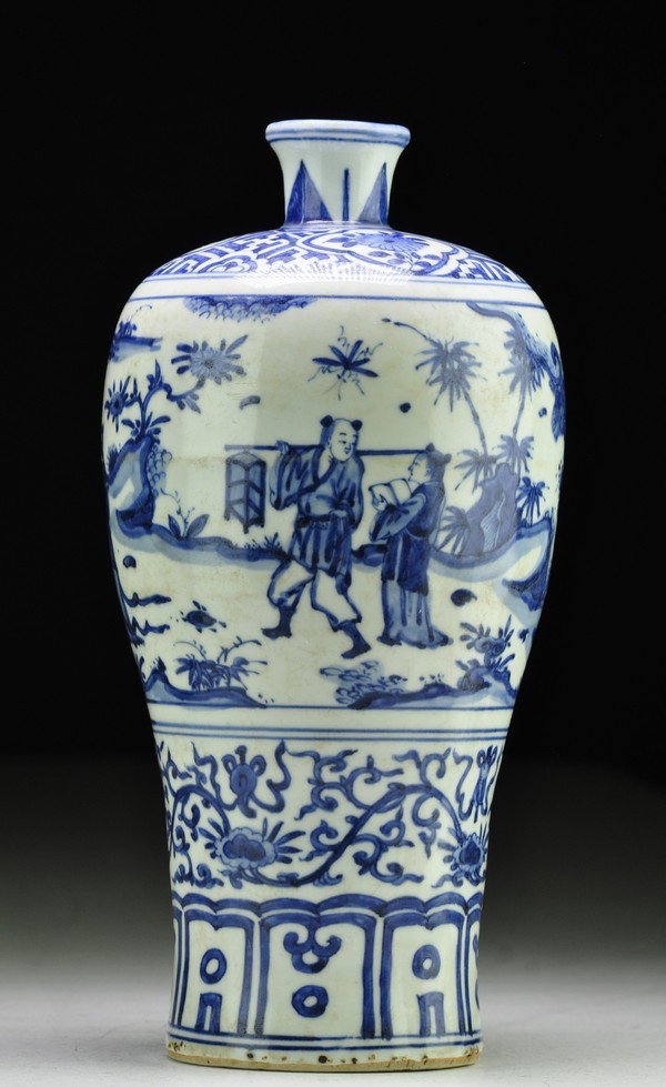 A BLUE AND WHITE MEIPING.(MING DYNASTY): Painted in with scholars standing in a landscape , between a band of lotus meander on the high shoulder and upright leaf tips above the base, all in bright inky tones of underglaze blu.12 1/2''H