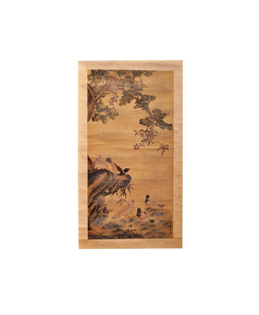 WANG CHENG PEI (?-1805): The painting is decorate with many birds and nature. 46 in. (116.8 cm), 23 1/2 in. (59.7 cm).