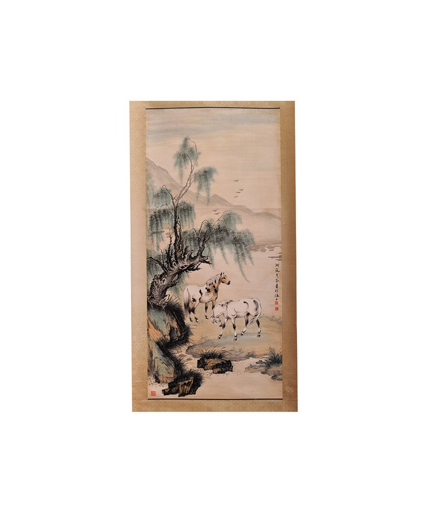 GE XIANG LAN (1904-1964): The painting is decorate with nature landscape, two horses and Chinese writings. 49 1/4 in. (125.1 cm), 22 7/8 in. (58.1 cm).