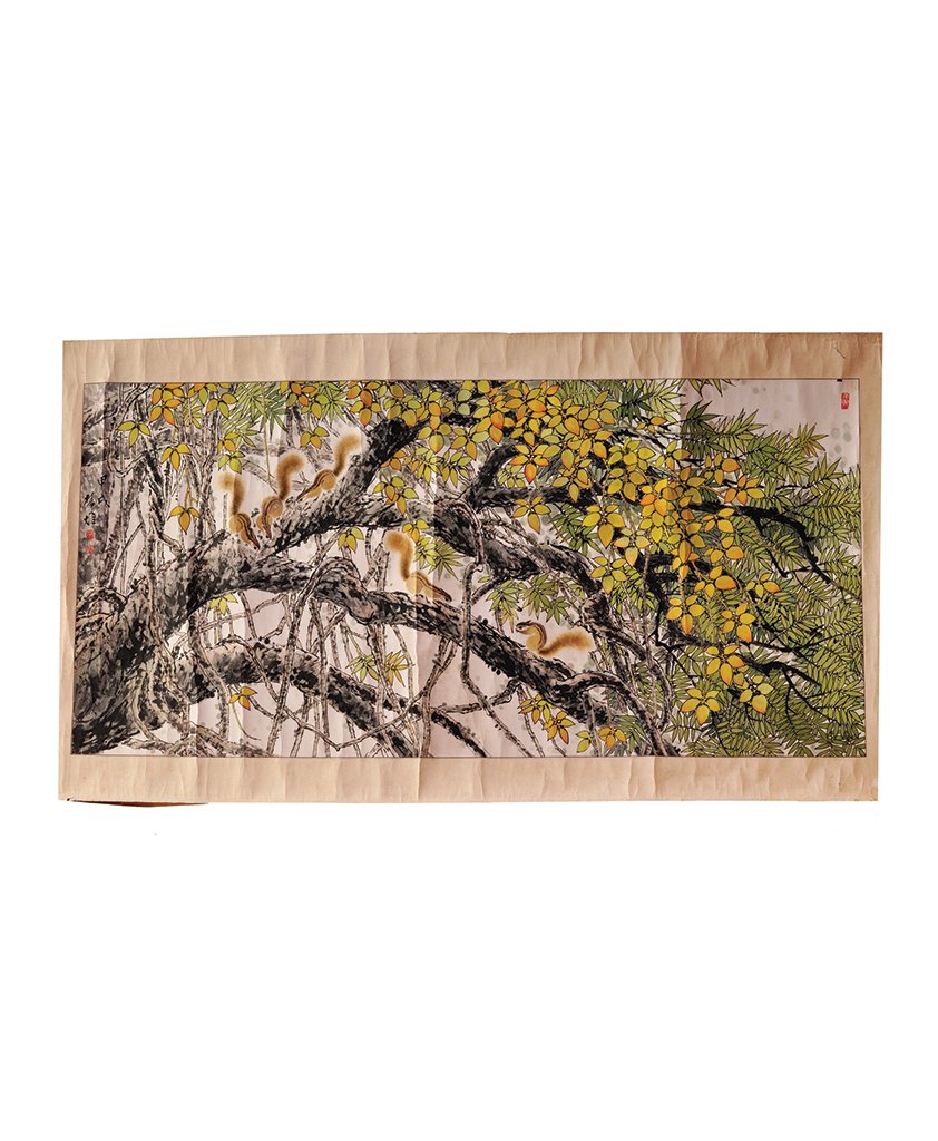 FANG CHU XIONG (BIRTH-1950): The painting is decorate with spring tree with a few wild squirrels. 55 1/2 in. (141 cm), 26 5/8 in. (67.6 cm).