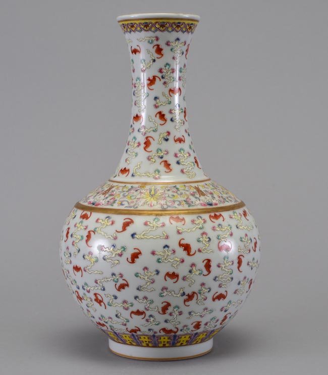 A BLUE AND WHITE BATS BOTTLE VASE: MARK OF GUANGXU 9 1/4 in. (23.5 cm) diameter, 15 3/8 in. (39.1 cm) tall.