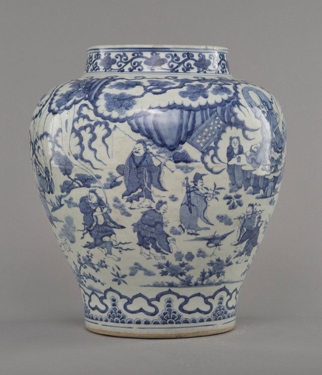 A LARGE BLUE AND WHITE 'FIGURE' JAR