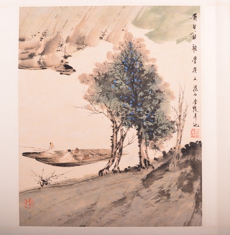 FU BAO SHI(傅抱石 1904-1965?: 10 1/4 in. (26 cm) long, 8 1/2 in. (21.6 cm) wide. Alnum leaf ink color on paper,signed Fu Bao Shi with artist's seal.