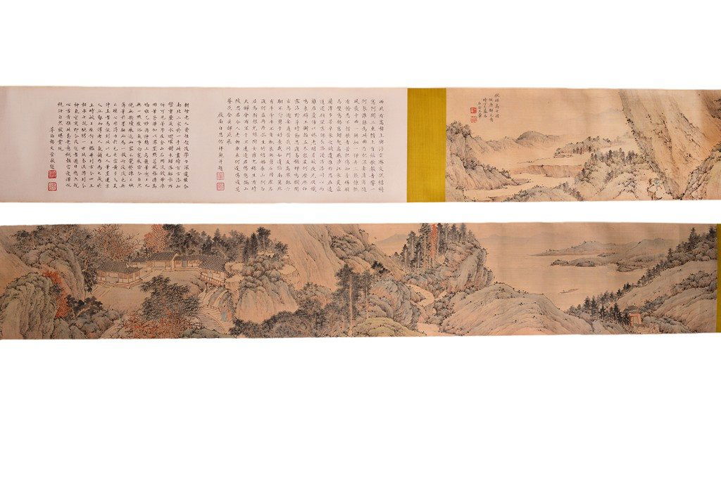 WANG HUI(王翚 1632-1717): 70 3/8 in. (178.7 cm) long, 8 3/16 in. (20.8 cm) wide. Hanging scroll ink color on Silk,signed Wang Hui with artist's seal.