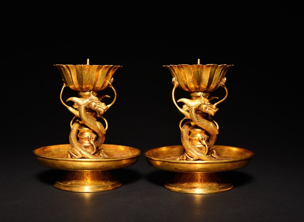 A PAIR OF GILTED DRAGON CANDLESTICKS (1 of 5)