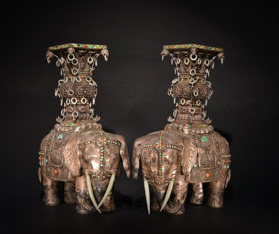 FINE PAIR OF CHINESE SILVER JADE AND STONE MOUNTED (1 of 7)