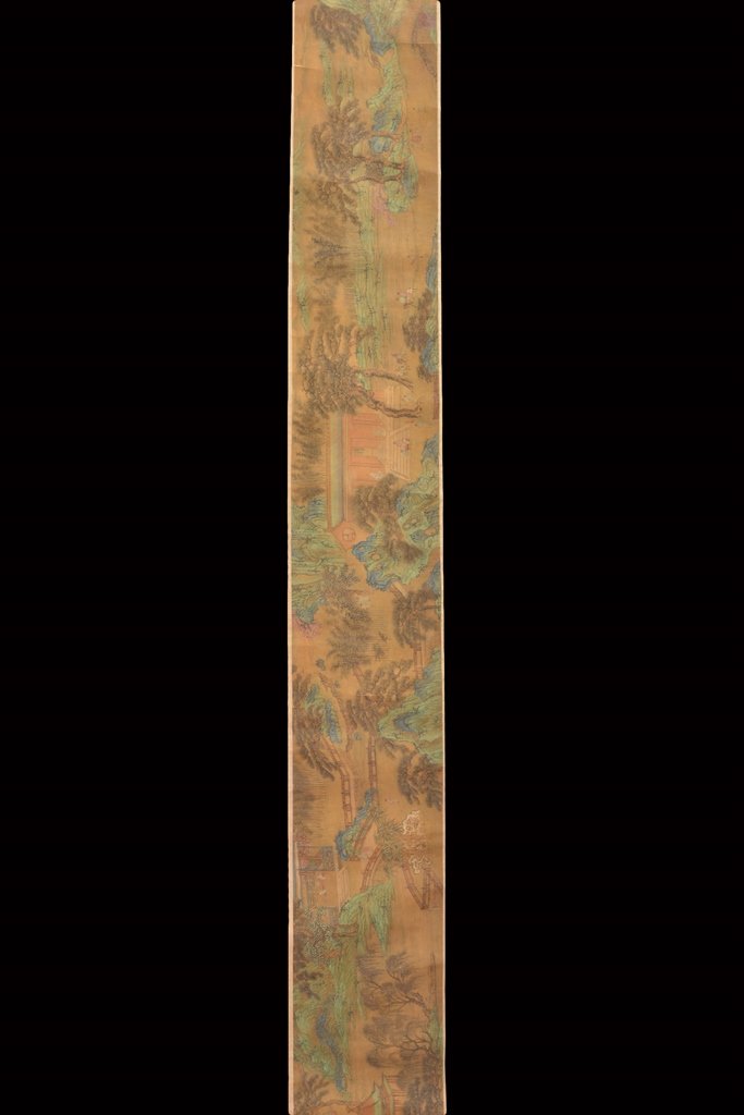 WANG WEI (王维 699-761): Ink and color on silk signed Wang Wei with one artist's seal. Size:77 1/2 in. (196.8 cm) long, 9 7/8 in. (25.1 cm) wide.