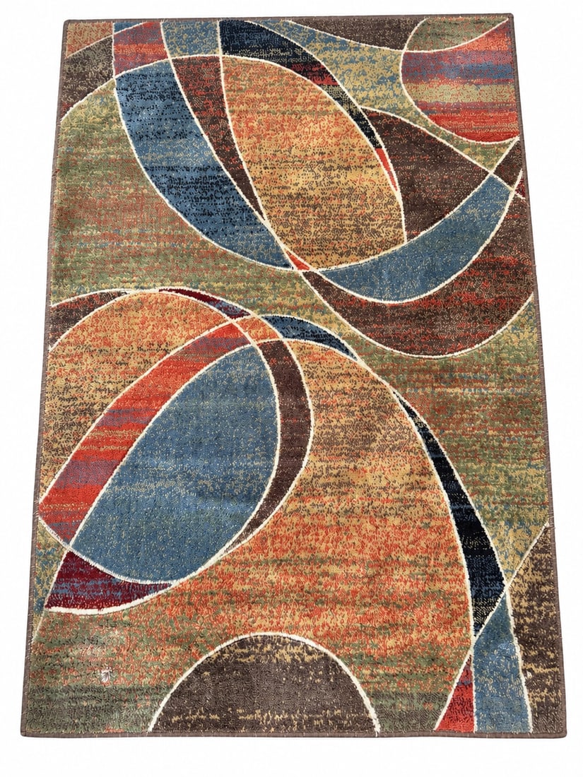 Contemporary Abstract Multicolor Area Rug with Geometric Curved Design: Contemporary abstract multicolor area rug featuring a bold geometric design with sweeping curved forms and overlapping shapes. The pattern incorporates warm shades of rust, terracotta, tan, brown, and