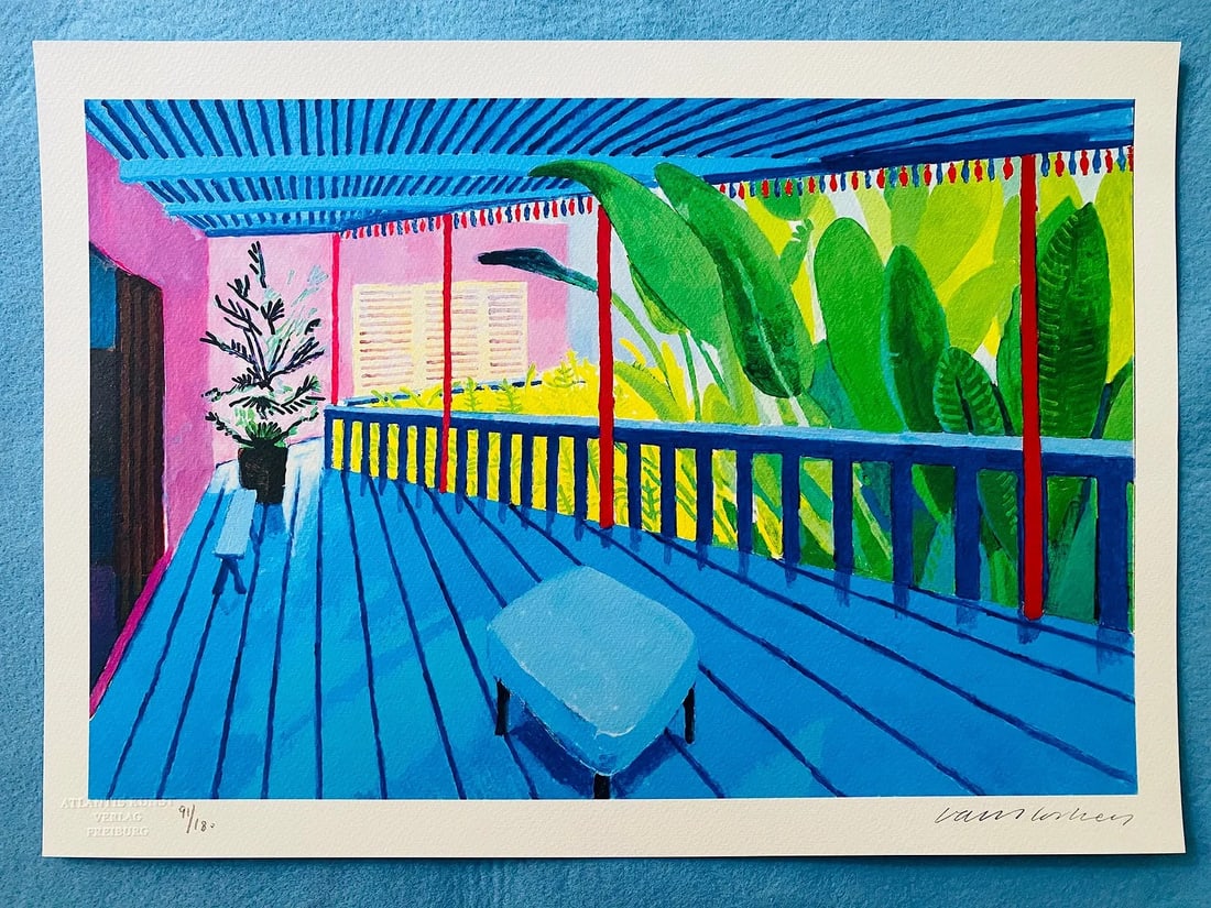 David Hockney - Garden with Blue Terrace Sold After: David Hockney "Garden with Blue Terrace" Print on Heavy Wove paper.- Measures 44 X 96 Inches. These items are part of an estate sale and we are a consignment based Auction House. All auction lots are