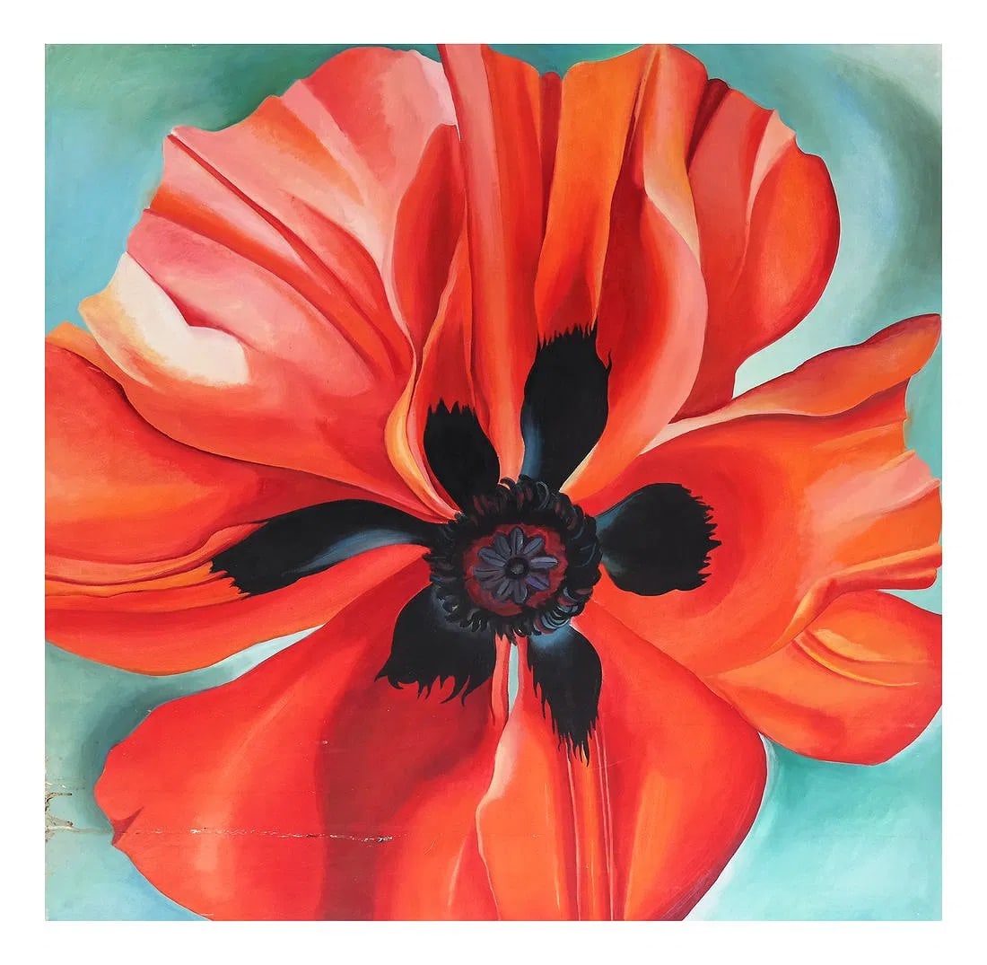 Georgia O'Keeffe "Oriental Poppies" Sold After: Georgia O'Keeffe "Oriental Poppies" print on heavy wove fine art paper. Measures approx. 36 5/16 x 30 3/16 inches. These items are part of an estate sale and we are a consignment based Auction House. 