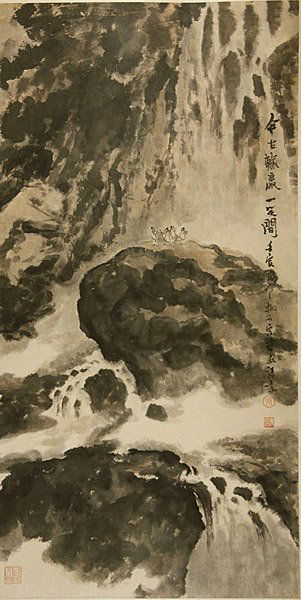 Chinese ink painting by Fu Baoshi, waterfall, hangi: Chinese ink painting by Fu Baoshi, waterfall, hanging scroll, 1962, 125x66cm