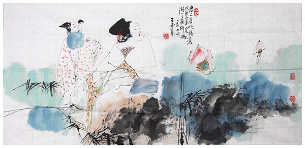 Chinese ink painting by Wang Xijing, ladies of Tang: Chinese ink painting by Wang Xijing, ladies of Tang Dynasty, mounted, modern times, 69x136cm