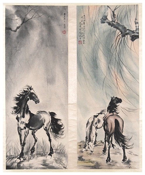 Chinese ink painting by Xu Beihong, horses, hangin: Chinese ink painting by Xu Beihong, horses, hanging scroll, modern times, 65x25cm
