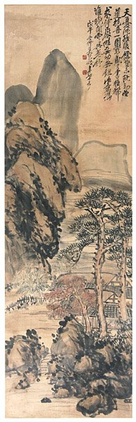 Chinese ink painting by Wu Changshuo, landscape, m: Chinese ink painting by Wu Changshuo, landscape, mounted, modern times, 160x40cm