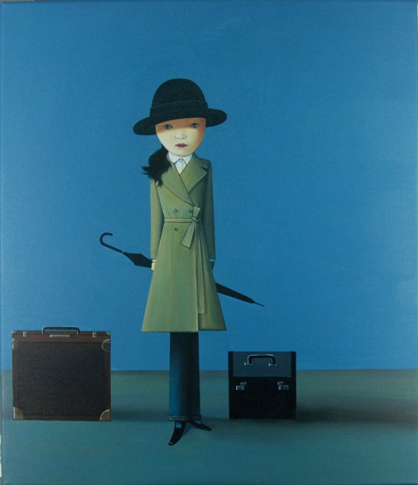 Anonymous, Lady on her journey: 70x60cm, oil on canvas. It's mimic artwork after Liu Ye, in her art humor and sadness blend into a whole. The stillness of his ironic images provide us with a deep sense of detachment and timeless fre