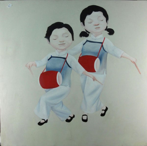 Anonymous, Dancing drumers: 70x70cm, oil on canvas. It's mimic artwork after Lin Hairong, In her new works Lin Hairong has taken the historical and literal references further by applying some of the story line and titles to her