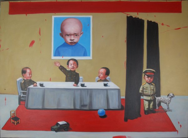 Anonymous, Important Revolutionary Meeting: 100x75cm, oil on canvas. It's mimic artwork after Tang Zhigang, Many years of military service kept his early art works closely related to the Chinese army. The series of Children in Meeting is more l