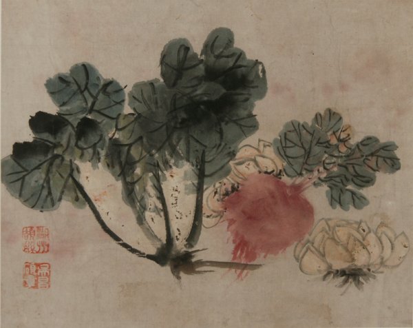 Wu Changshuo, Vegetables (wood block printing): 43x34cm,famed scroll,ink and color on paper,Wu Changshuo (1844-1927) was born in Anji, Zhejiang Province, and died in Shanghai. He was a Chinese seal carver, painter, and calligrapher. As a leading fi