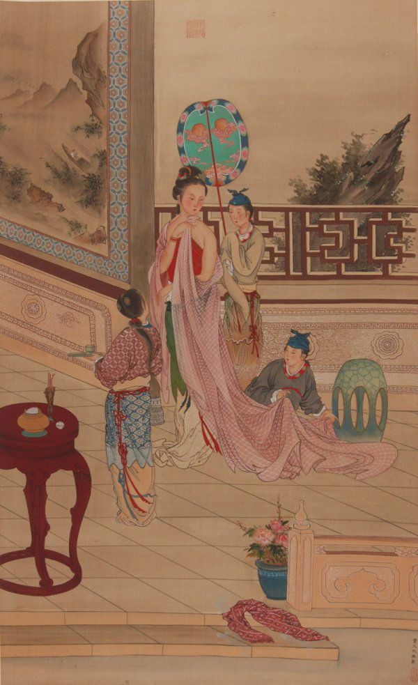 Qiu Ying,Yang Kuei Fei: 98x58cm,Hanging scroll, ink and color on paper,Qiu Ying(1493-1560) was born in Taicang of Jiangsu. First he worked as a printer, and then learned how to draw from painter Zhou Chen. His pictures are m