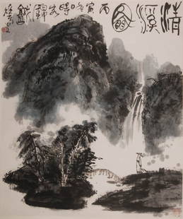 Li Huasheng,Landscape: 77x65cm,Framed scroll, ink and color on paper,Li Huasheng (1944 - ) is a Chinese artist from Chongqing in Sichuan province. From 1954-1976, he studied traditional Chinese painting under Chen Zizhuang.