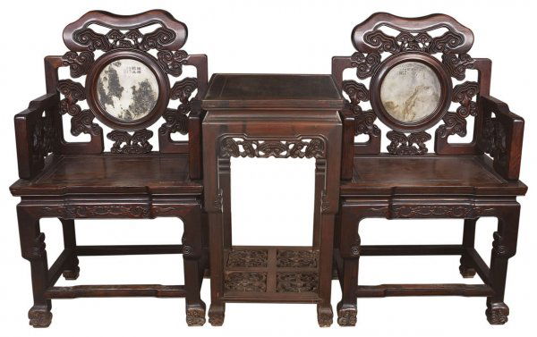 Chinese rosewood two tea tables and four rosewood a: ***$1 USD = 6.8 CNY***Chinese rosewood two tea tables and four rosewood armchairs inlaid with marbles and Lingzhi patterns , Qing Dynasty, cHair:H 102cm L 61cm W 46cm?stooL:H 78cm L 42cm W 42cm, *For