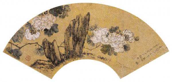 Chinese flowers and stone painting attributed to: ***$1 USD = 6.8 CNY***Chinese flowers and stone painting attributed to Gao Yang,fan,17.5*52cm,*For Chinese detail description, please check http://www.auctions100.com