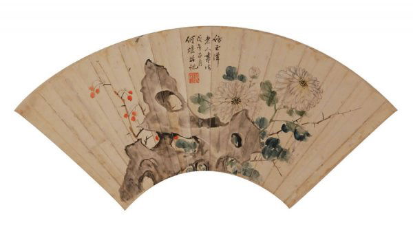 Chinese flowers fan painting by He Yu: Chinese flowers fan painting by He Yu, fan painting,modern time,50x18cm