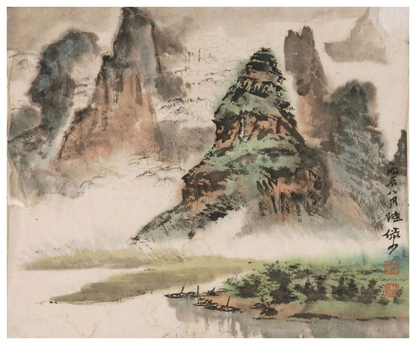 Chinese landscape painting by Lu Yanshao: Chinese landscape painting by Lu Yanshao, mounted scroll,modern time,32x27cm