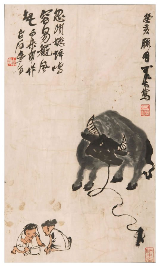 Chinese herding painting by Li Keran: Chinese herding painting by Li Keran, mounted scroll,modern time,56x32cm