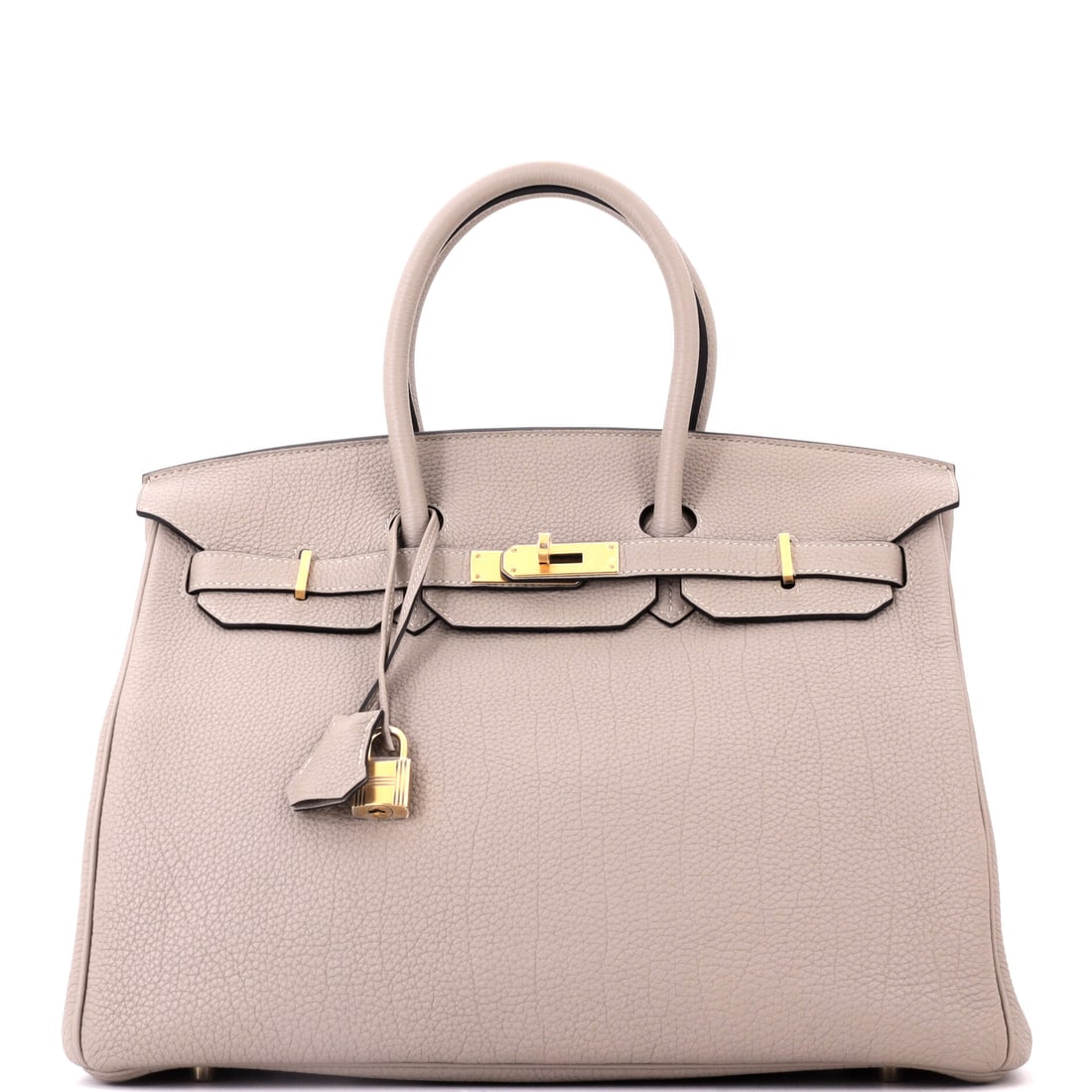Hermes Birkin 35 Gris Tourterelle Togo with Gold Hardware: Hermes Birkin 35 Handbag in Gris Tourterelle (Grey Togo with Gold Hardware). Measurements: 13.5"W x 10"H x 7"D; 4.5" handle drop; None" strap drop. Condition: Pre-owned, Good condition (Grade C). Exte