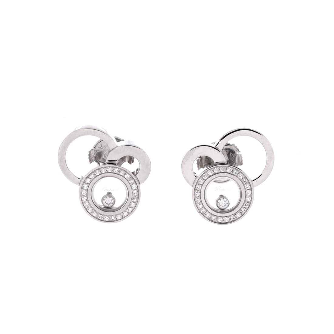 Chopard 18K White Gold with Diamonds and 1 Floating Diamond Happy Bubbles Stud Earrings: Chopard Happy Bubbles Stud Earrings. Material: 18K White Gold with Diamonds and 1 Floating Diamond. Measurements: Height/Length: 15.2 "; Width: 13.85 ". Condition: Pre-owned, Very Good condition (Grad