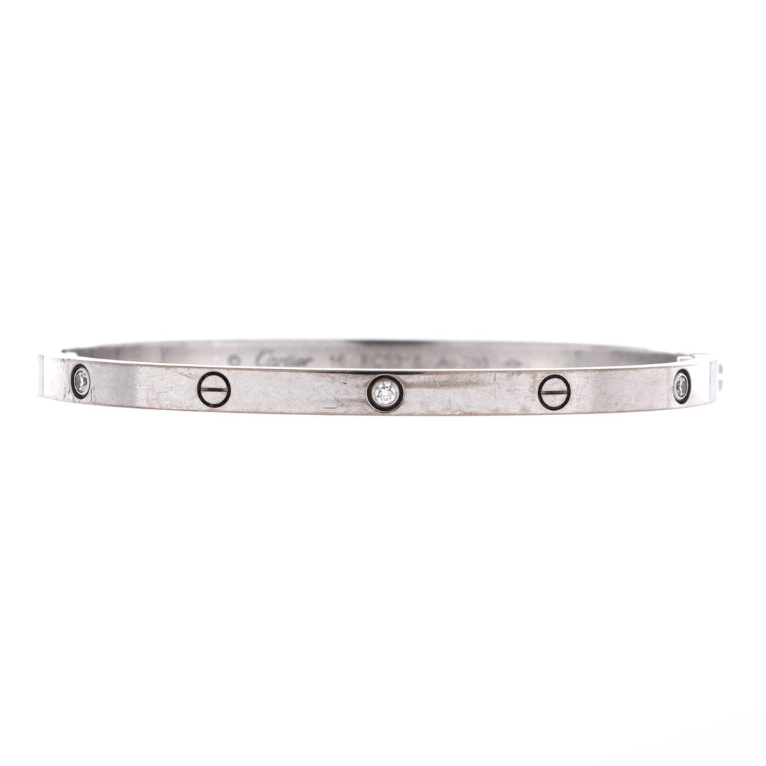 Cartier 18K White Gold and Diamonds Love 6 Diamond Bracelet Size 16: Cartier Love 6 Diamond Bracelet. Material: 18K White Gold and Diamonds. Cartier bracelet size 16 (based on measured inner circumference). Measurements: Circumference: 5.75 "; Width: 3.6 mm. Condition: