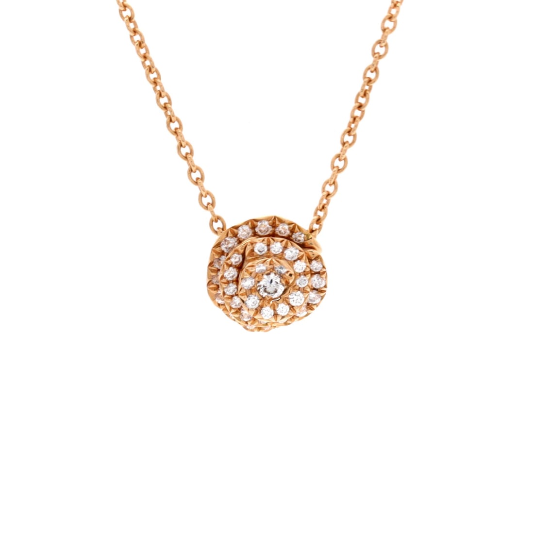 Christian Dior 18K Rose Gold with Pave Diamonds Rose Couture Pendant Necklace: Christian Dior Rose Couture Pendant Necklace. Material: 18K Rose Gold with Pave Diamonds. Measurements: Length: 15.0 - 16.5 "; Pendant Length: 10 mm; Pendant Width: 9 mm. Condition: Pre-owned, Very Go