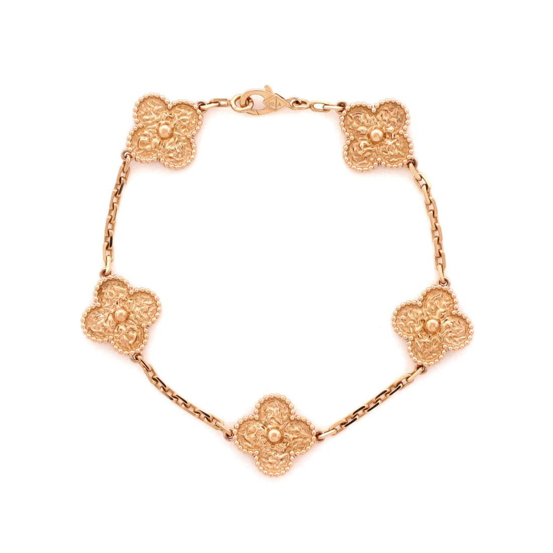 Van Cleef & Arpels 18K Rose Gold Vintage Alhambra 5 Motifs Bracelet COA: Van Cleef & Arpels Vintage Alhambra 5 Motifs Bracelet. Material: 18K Rose Gold. Measurements: Circumference: 6.75 "; Width: 14.75 mm. Condition: Pre-owned, Very Good condition (Grade B). Minor wear th