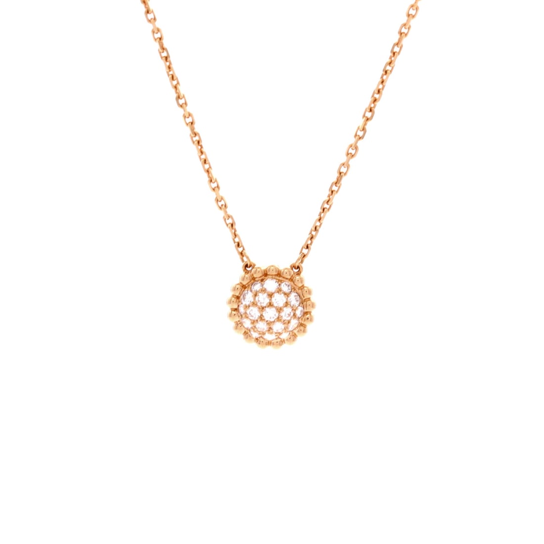 Van Cleef & Arpels 18K Rose Gold and Diamonds Perlee Round Pendant Necklace: Van Cleef & Arpels Perlee Round Pendant Necklace. Material: 18K Rose Gold and Diamonds. Measurements: Length: 14.75 - 16.5 "; Width: 1.35 mm; Pendant Length: 10.8 mm; Pendant Width: 10.8 mm. Condition
