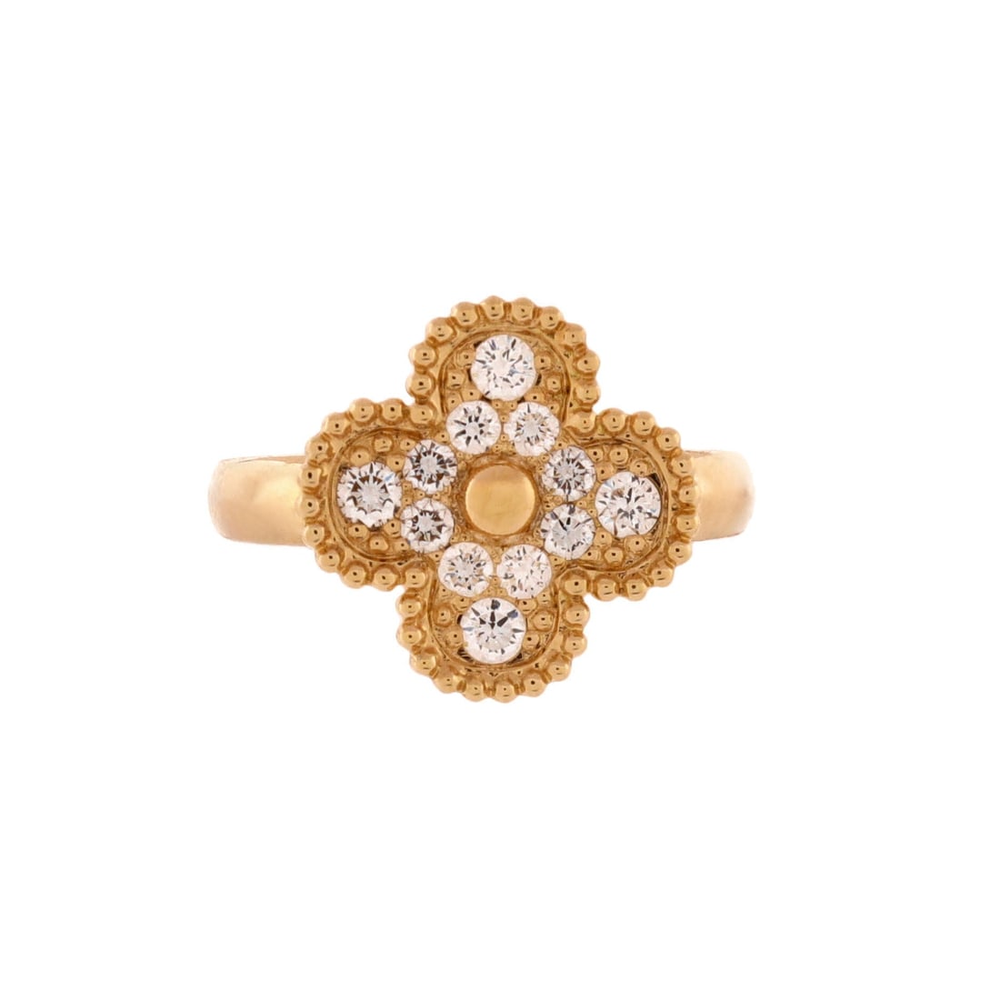 Van Cleef & Arpels 18K Yellow Gold with Diamonds Vintage Alhambra Ring Size 6: Van Cleef & Arpels Vintage Alhambra Ring. Material: 18K Yellow Gold with Diamonds. Size: .48CT. Measurements: Size: 6 - 52; Width: 2.4 mm. Condition: Pre-owned, Very Good condition (Grade B). Minor we