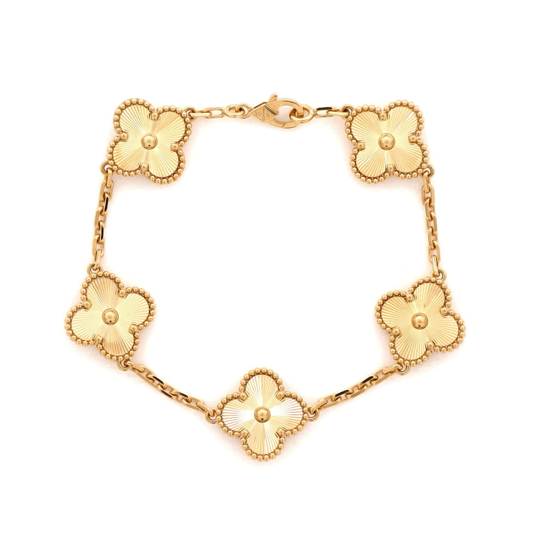 Van Cleef & Arpels Guilloche 18K Yellow Gold Vintage Alhambra 5 Motifs Bracelet COA: Van Cleef & Arpels Vintage Alhambra 5 Motifs Bracelet. Material: Guilloche 18K Yellow Gold. Measurements: Circumference: 6.75 "; Width: 14.90 mm. Condition: Pre-owned, Excellent condition (Grade A). F