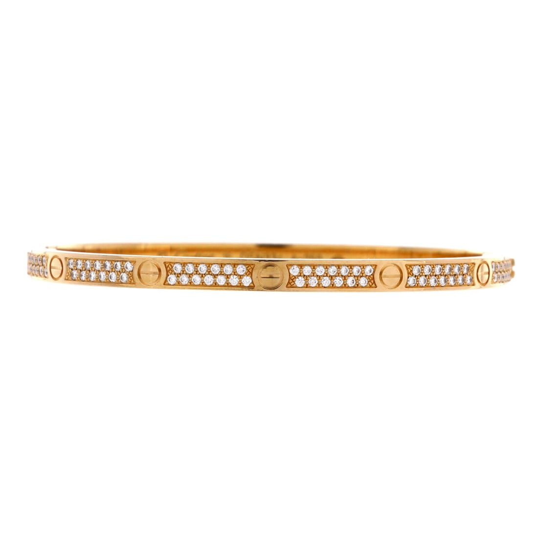 Cartier 18K Yellow Gold with Pave Diamonds Love Bracelet Size 16: Cartier Love Bracelet. Material: 18K Yellow Gold with Pave Diamonds. Size: Small. Approx. Cartier bracelet size 16 (based on measured inner circumference). Measurements: Circumference: 5.75 "; Width: 