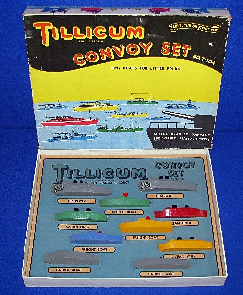 MIB TILLICUM CONVOY SET: Made by Milton Bradley, WWII wooden toy set. Is Complete and appears unplayed with. Box lid has edge wear and two split corner Box- GOOD Size: 15.5" x 12.5"