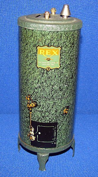 REX WATER HEATER FORM STILL BANK: Tin litho, minor scattered scratching. Size: 7.75" tall
