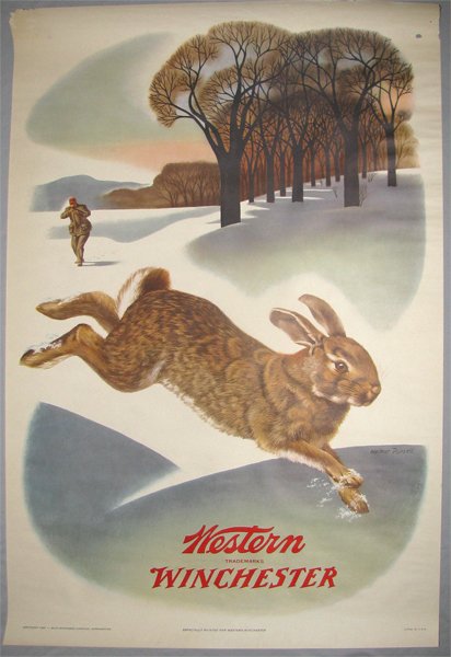 1955 WINCHESTER STORE POSTER: Western Winchester features a large image of a rabbit. There is some edge wear to upper corners. Mounting would bring this poster to near mint. Size: 39 3/4" long, 26" wide
