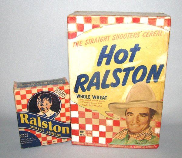TWO RALSTON WHEAT CEREAL BOXES: Includes a box for Hot Ralston Whole Wheat Cereal with an image of Tom Mix. Box is complete but front panel has restoration to top and left side. Restoration not on Tom Mix image. The other box is a s
