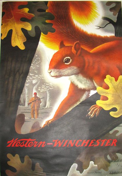 1955 WINCHESTER WESTERN ADVERTISING POSTER: Featuring a genetically and atomically altered giant squirrel getting ready to devour the approaching hunter. Some edge wear to left side and a couple of small tears to borders. Mounting would bring t